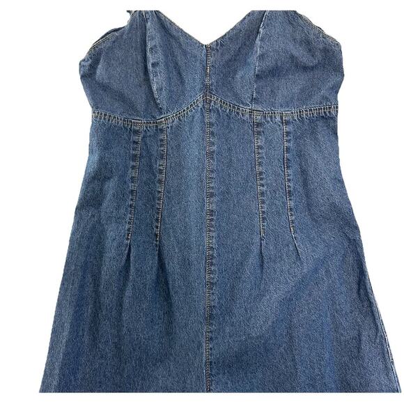 Y2K Denim Wide Leg Jumpsuit Womens M Blue Spaghetti Strap Back Zipper Pockets - Picture 2 of 14